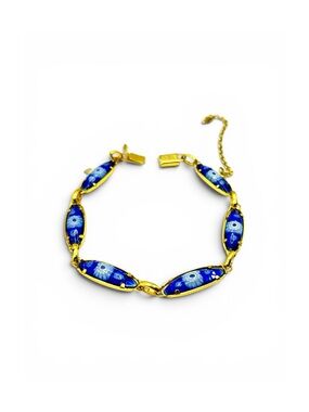Vintage floral blue enamel and gold bracelet.